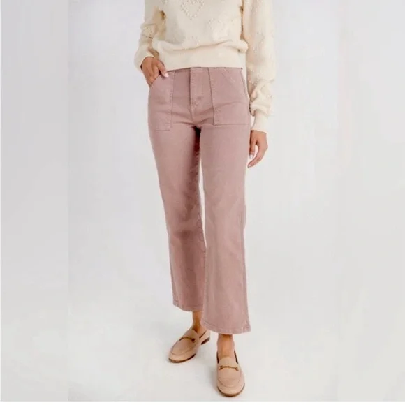 Risen High Rise Wide Leg Jeans Cropped Ankle Square Pockets Stretch Mauve Pink - Picture 1 of 6